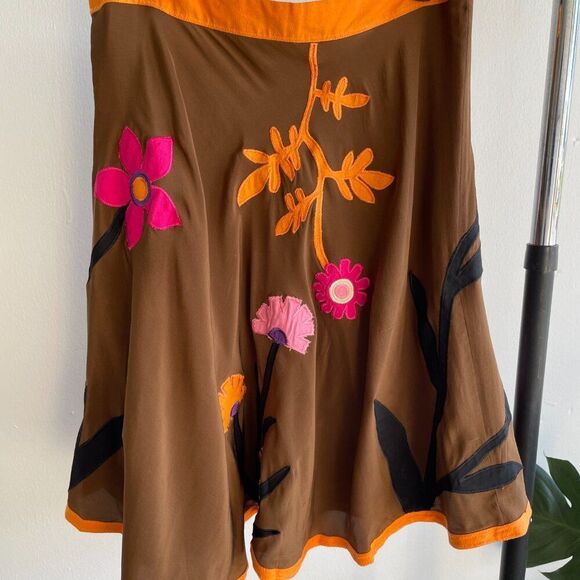 Vtg Y2K Anthropologie Lapis 100% Silk Floral Appliqué Brown Pink Skirt Sz Large - Picture 3 of 10